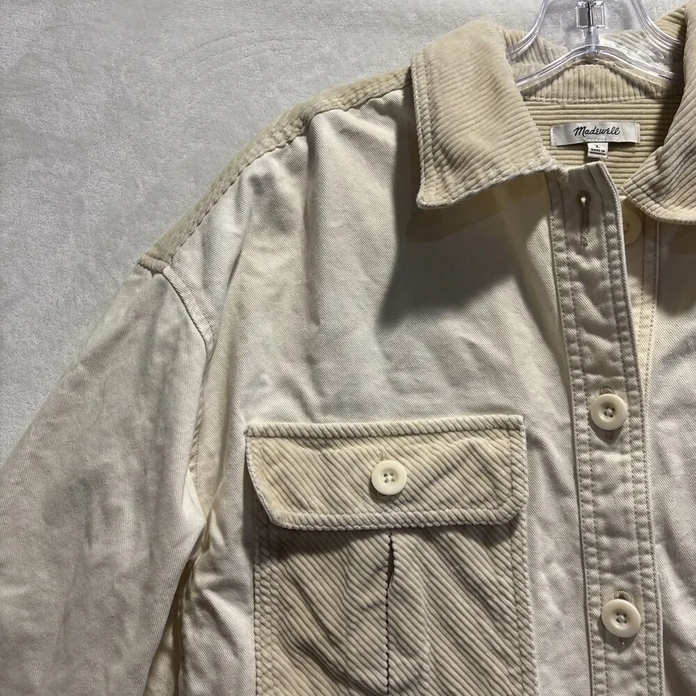 Madewell Women’s Cotton Chino Boxy Shirt Jacket Natural Size Large Elbow Patches